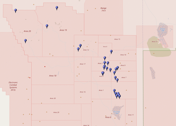 Kartierung aller Koordinaten von "Operation Bedrock (Atomtest)" im Testgebiet Nevada (Nevada National Security Site, NNSS)
Quelle: OpenStreetMap
Lizenz: Open Data Commons Open Database-Lizenz (ODbL)