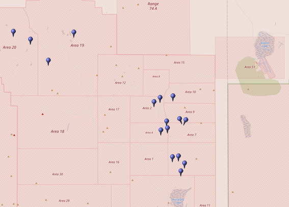 Kartierung aller Koordinaten von "Operation Quicksilver (Atomtest)" im Testgebiet Nevada (Nevada National Security Site, NNSS)
Quelle: OpenStreetMap
Lizenz: Open Data Commons Open Database-Lizenz (ODbL)