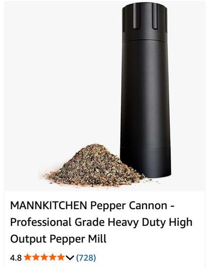 product listing for a "PEPPER CANNON" pepper grinder with tacticool styling and made by MANNKITCHEN.