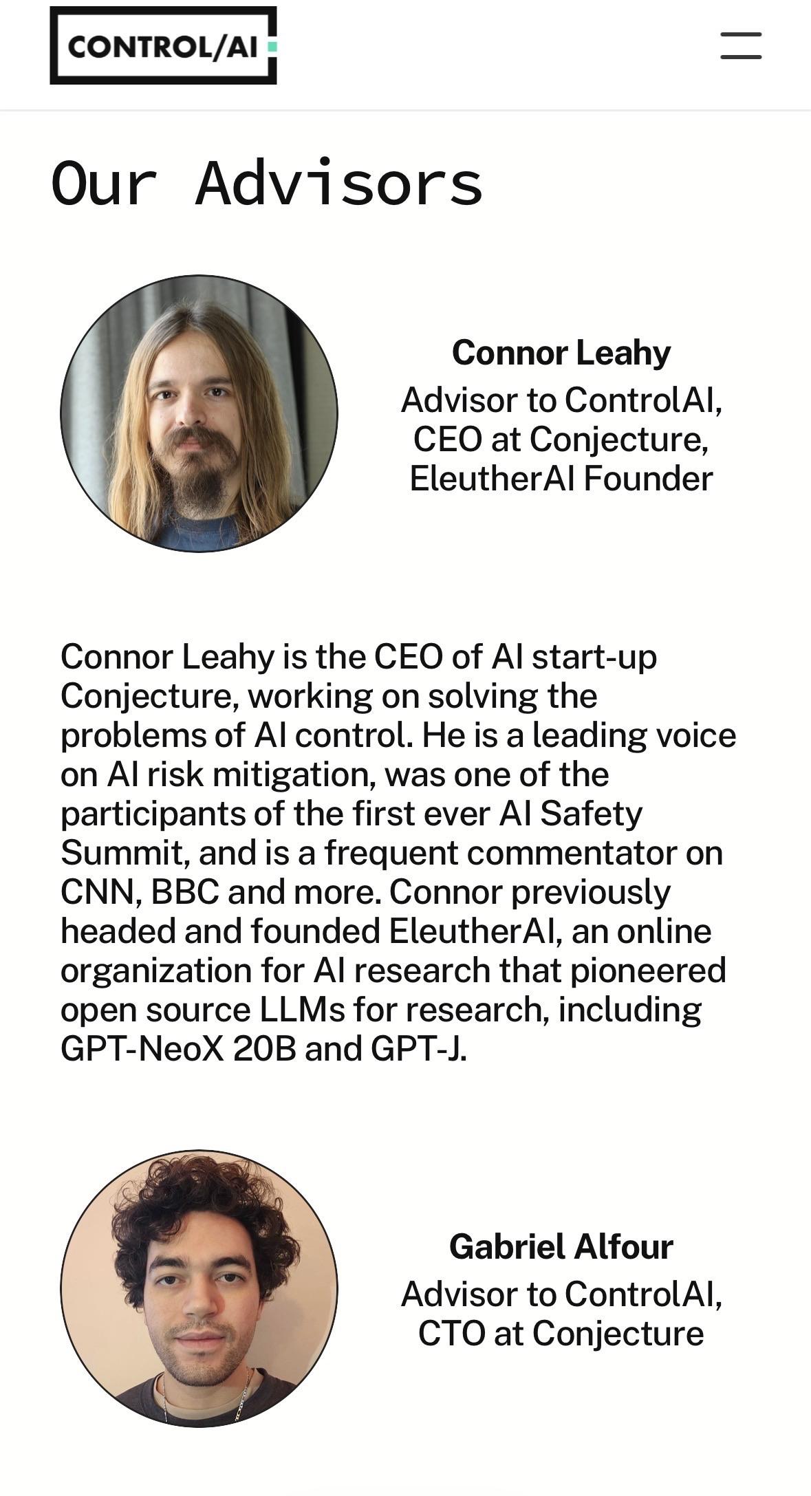 An image featuring two advisors for ControlAI. On the left is Connor Leahy, CEO at Conjecture and founder of EleutherAI, with a brief description of his work in AI risk mitigation. On the right is Gabriel Alfour, CTO