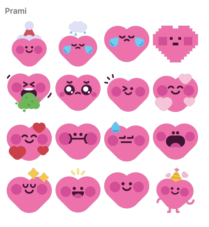 A set of cartoon hearts as digital stickers in the Signal Chat app. Each hear is bright pink, with various smiley face emoji reactions applied, One has a Santa hat, and another is presented in pixel format.