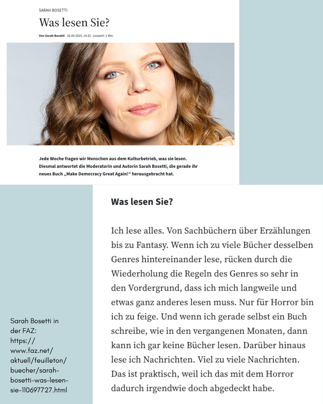 Porträt von Sarah Bosetti mit Interview-Auszug über ihre Lesegewohnheiten. Sie liest alles: Bücher aller Genres außer Horror und Nachrichten.