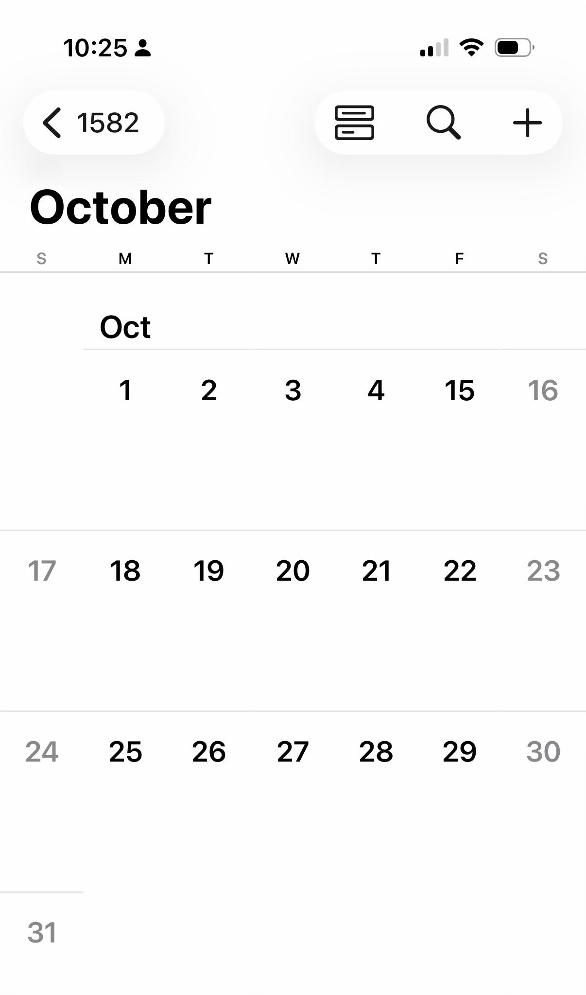 The iPhone calendar showing October 1582, where Thursday is the 4th and Friday is the 15th.