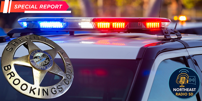 Police car with red and blue lights flashing, sheriff's badge visible. "Special Report" and "Northeast Radio SD" logos present.