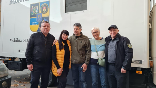 Pictured: Viktor Korolenko, Director General of the Kherson Regional Hospital; Natalya Nedostup, volunteer and now camera operator; Dr. Henryk Pich; Ula Wagner (Savita Wagner's mother); and Yevhen Ignatenko, Deputy Chairman of the Kherson Regional Administration.