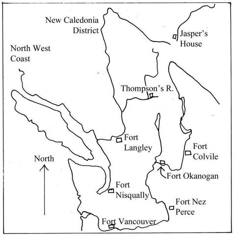 A simple black and white map of the Coumbia and Fraser Rivers and the posts that stood along their banks.