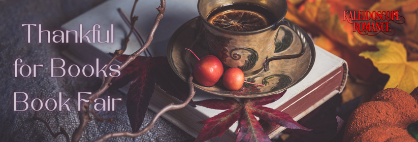 A graphic of a tea cup and saucer sitting on top of a white book surrounded by fall leaves and decor. Text reads: Thankful for Books Book Fair