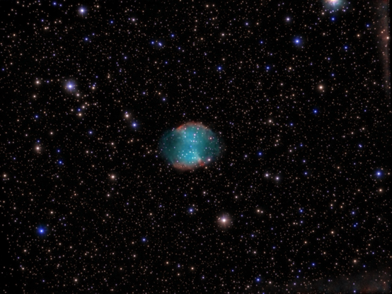 M27 - The Dumbbell Nebula - telescope processed image.  M27, the Dumbbell Nebula, is a stunning, hourglass-shaped planetary nebula—the glowing shell of gas shed by a dying star. It was the first one ever discovered in 1764.