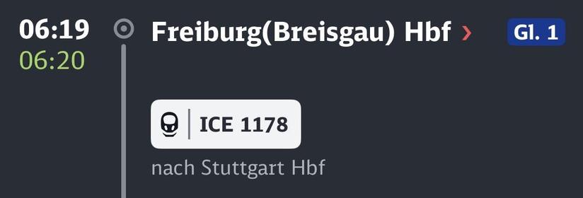 Ausschnitt DB Navi mit Anzeige 6:19 als Plan und 6:20 als tatsächliche Abfahrtzeit.