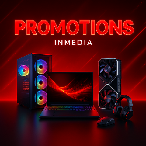 Image promotionnelle montrant une sélection de produits High-Tech — PC portables, tours gamer, cartes graphiques et accessoires — avec un style moderne et dynamique, représentant les promotions exclusives de InMedia.