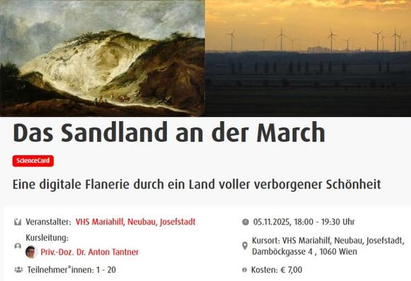 Vortragsankündigung mit wunderschönen Sand-, Windrad- und Sonnenuntergangsimpressionen.
