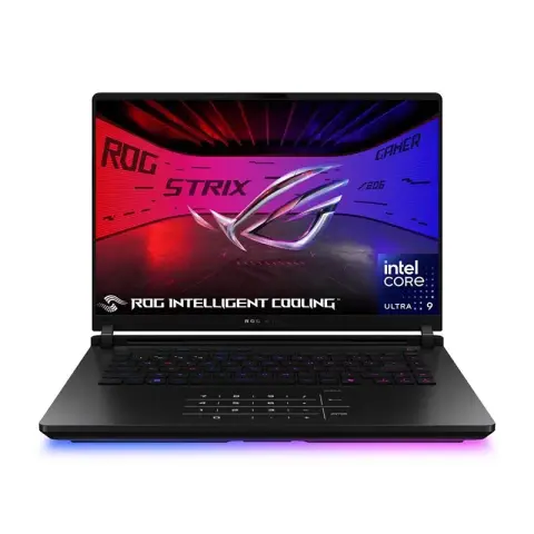 Image promotionnelle d’un ASUS ROG STRIX SCAR 16 G635LR avec processeur Intel Core Ultra 9 275HX, carte graphique RTX 5070 Ti, écran Mini LED 240 Hz et clavier RGB, dans une ambiance gaming futuriste.