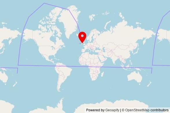 A map showing the great circle route from Togalevu in Fiji to a map pin at St Munna's Church, L1618, County Westmeath, Ireland