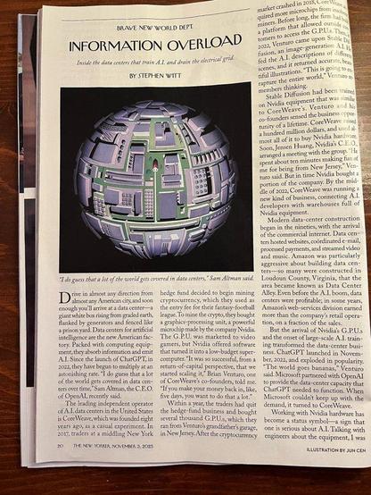 Photo of a New Yorker magazine page (a lot of text, one small image)
BRAVE NEW WORLD DEPT 
INFORMATION OVERLOAD
inside the date centers that train AI and drain the electrical grid
BY STEPHEN WITT


