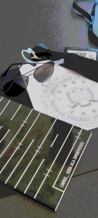 A tabletop RPG manual titled "Liminal_ Survival Guide", a pair of sunglasses, a black necktie, and an FBI badge placed on top of a folder containing documents, with an FBI logo on the first page.