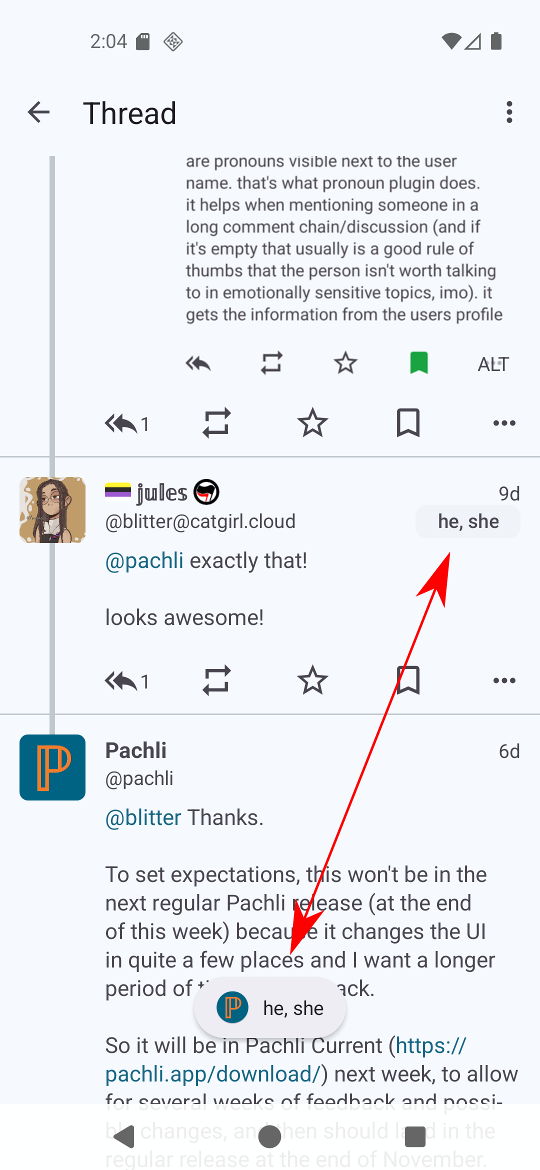 Pachli Current screenshot, showing pronouns displayed in a thread, with the popup that appears if you tap the pronouns.