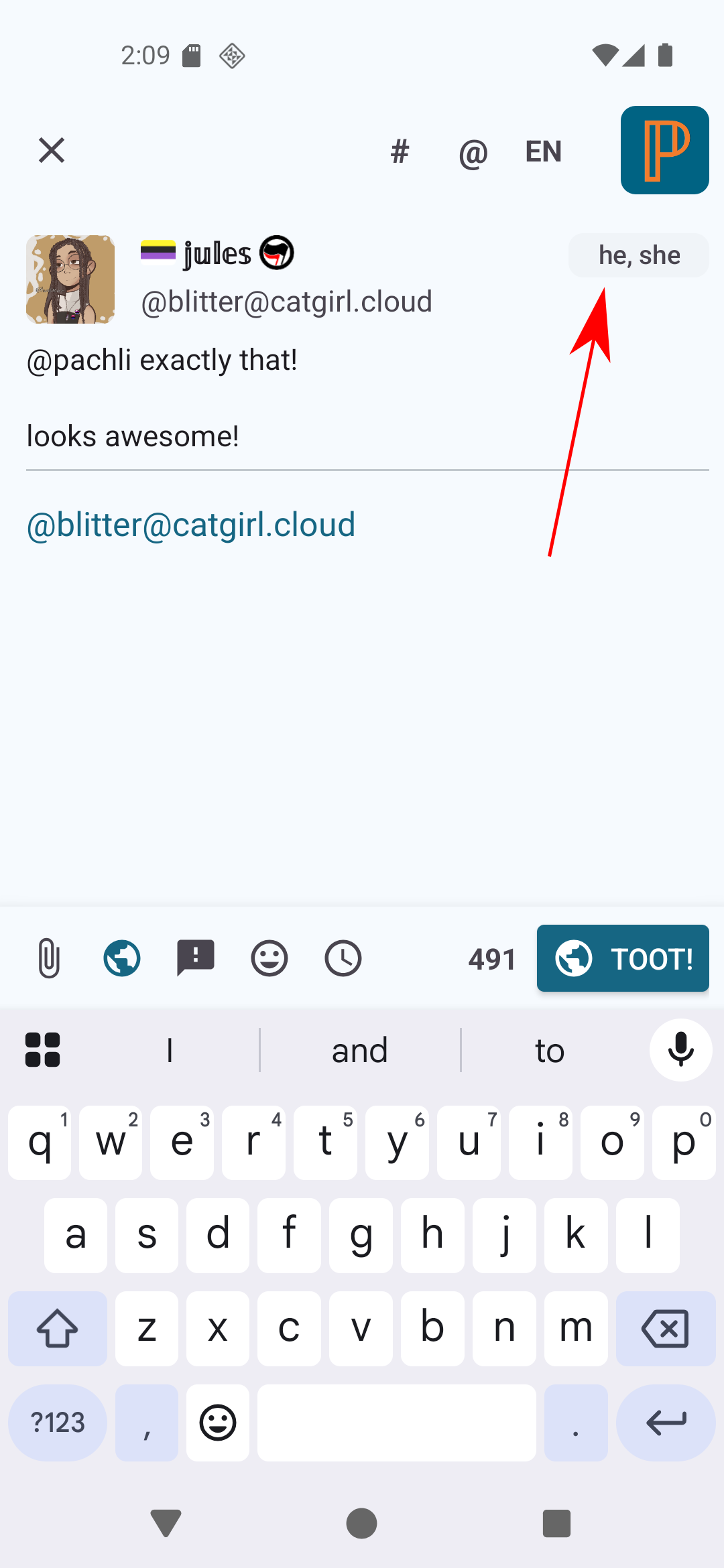 Pachli Current screenshot showing the "Reply" editor, showing the pronouns of the account being replied to.