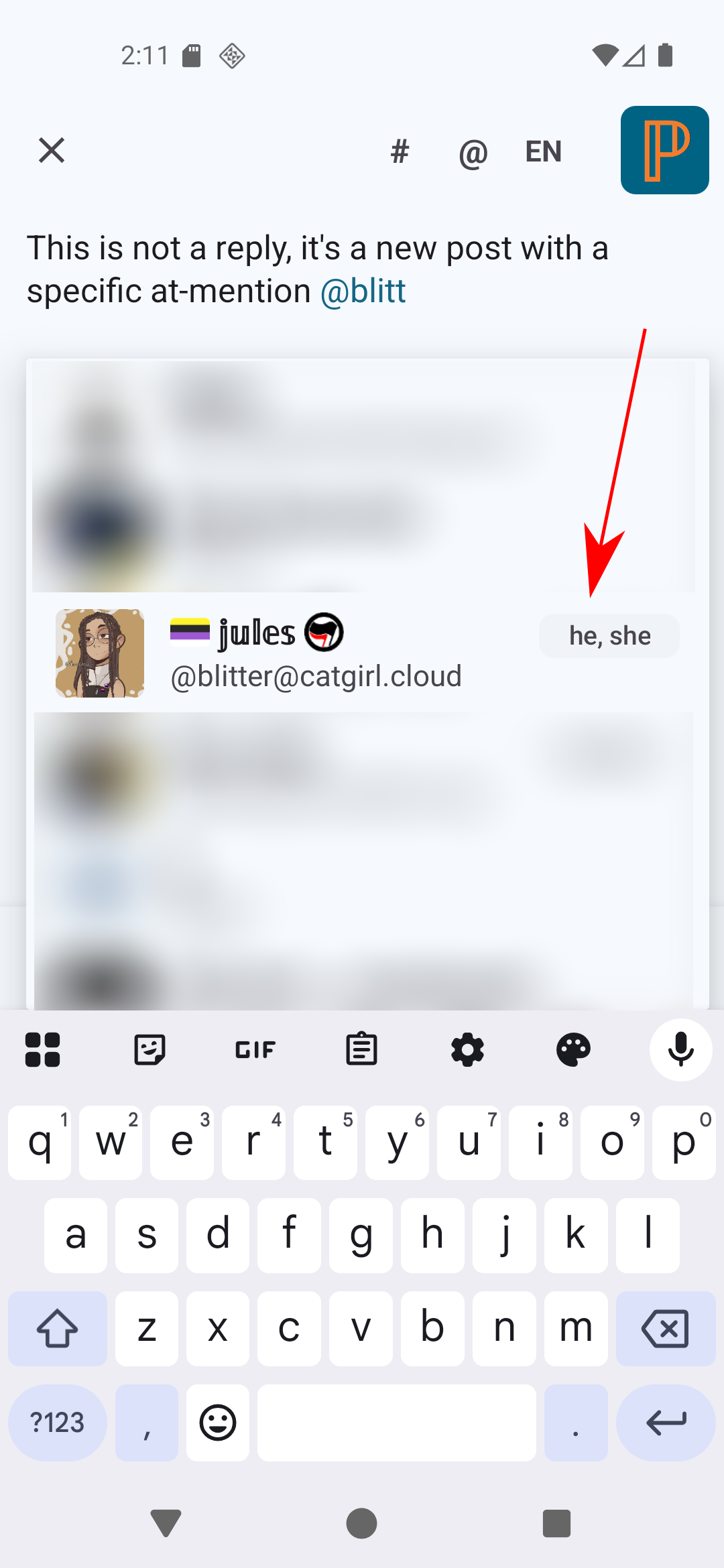 Pachli Current screenshot showing the autocomplete popup that appears when you type a handle while writing a message. One of the accounts has pronouns set, which are displayed.