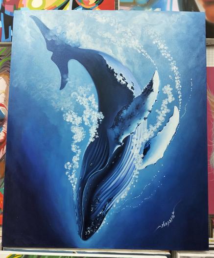 a painting of a large whale diving straight downwards, its body surrounded by air bubbles and light 