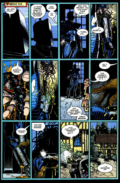 a page from the comic book, characters having a conversation in a shadowy tudor-style home 