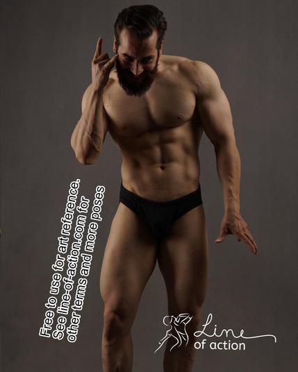 Model Sadeq stands in dramatic lighting, deep shadows on his face. He is holding a hand up to his temple in an arcane gesture, as if he is using telepathy. The Line of Action logo is at the bottom. Text reads free to use for art reference. See line-of-action.com for other terms and more poses.