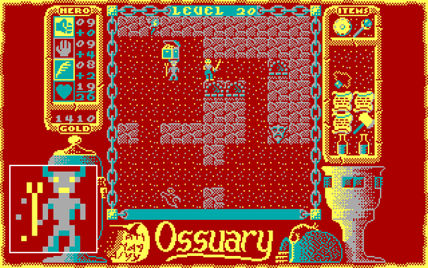 Daemons appear at level 20. Our hero's use of the wand is probably unwise here, because intelligence hasn't increased for a long time. The banish spells in our inventory would be a much better way of dealing with the daemon, who is enlarged in the inset.