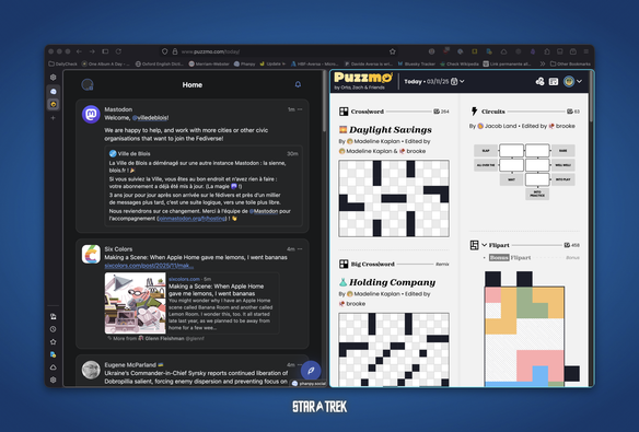 A screenshot of Firefox new split view with teh web pages Phanpy and Puzzmo side by side.