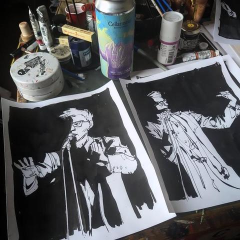 A can of seller maker hop making sense, and two Pen and ink drawings of talking heads frontman David Byrne in various stages of performance in front of a microphone stand referencing the concert film stop making sense