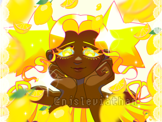 An illustration of a dark-skinned black girl with lemon blond hair and star-shaped afro puffs smiling at you. She also has bright yellow eyelashes and irises. She wears a loose, flowy, yellow dress and press-ons. Lemons, lemon slices, and sparkles float around her.