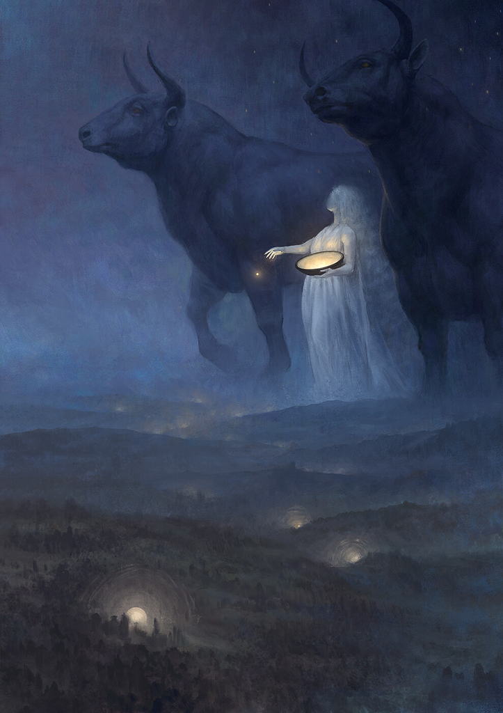 A mystical painting set in a dark blue, misty landscape at night. In the upper half, a luminous, spectral figure of a woman with long white hair holds a glowing golden bowl, from which a single spark of light is falling. She stands between two massive, dark bulls that tower over her. Below them, a vast, dark valley is dotted with small, glowing lights, as if from settlements or cave entrances.