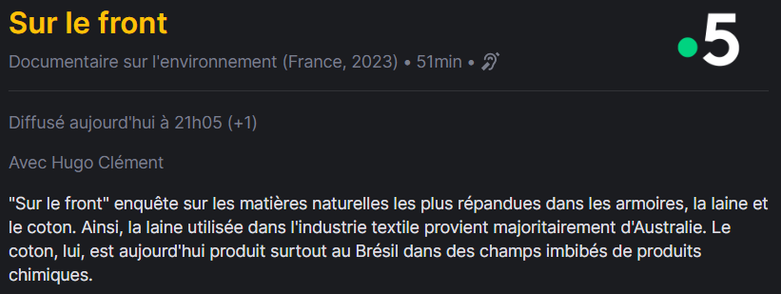 "Sur le front" enquête sur les matières naturelles les plus répandues dans les armoires, la laine et le coton. Ainsi, la laine utilisée dans l'industrie textile provient majoritairement d'Australie. Le coton, lui, est aujourd'hui produit surtout au Brésil dans des champs imbibés de produits chimiques.