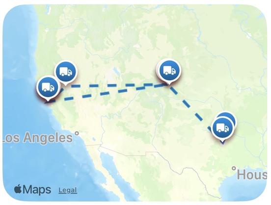 Map showing my package traveling from Texas to Colorado to California to Nevada and back to Colorado. Where will it go next?