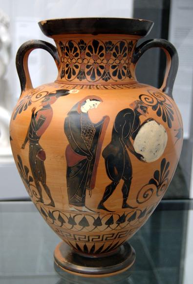 Red-figure vase painting of Persephone overseeing Sisyphos and probably Ares leaving.