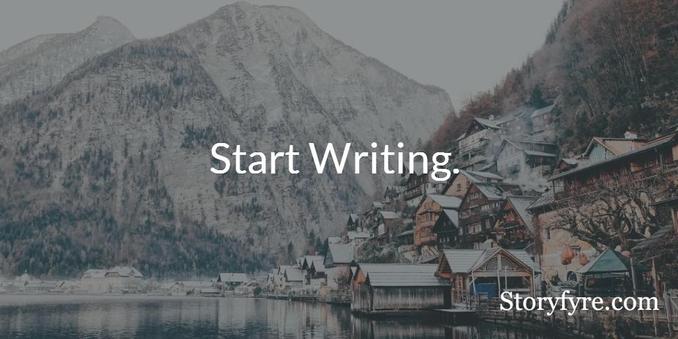 Start Writing. - Wrtr ~ Background photo shows a town built around a lake and on the side of a mountain, the roofs dusted with snow.