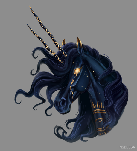 A digital portrait of a dark blue fantasy horse with two horns, glowing eyes and golden ornates