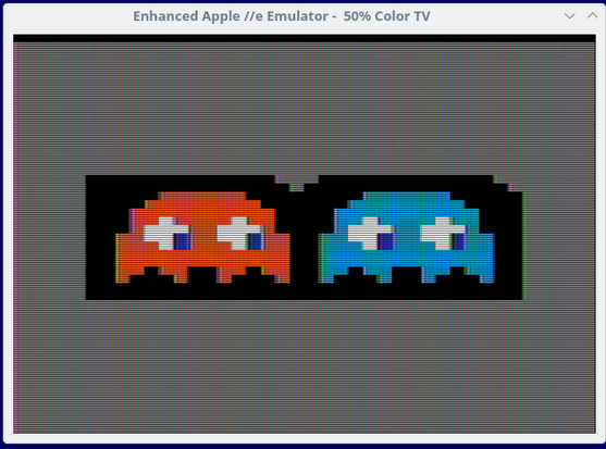 This is a screenshot of QApple, AppleWin Apple II emulator running in Linux, displaying two ghosts on the low resolution screen.