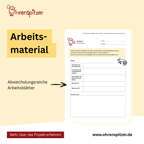 Arbeitsmaterial: Abwechslungsreiche Arbeitsblätter 
Rechts sieht man ein Arbeitsblatt, passend zum Hörbuch 