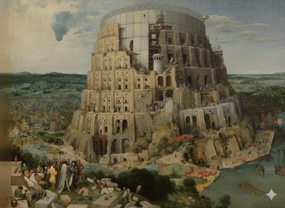 Turmbau zu Babel - Autoritäre Version. Berühmtes Gemälde von Breughel wurde per Generative AI (Nano Banana, Google) um Gefängnismauern erweitert.