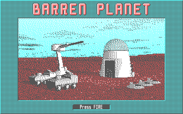 The Barren Planet title screen, the first thing a player sees when they launch the game. This is a 3D render of barren terrain bearing a few of game game's most iconic units: the Mining Base, a Gun Platform, a couple of Ground Rovers and a few Hoverbugs. This image is used in full colour for the manual cover, but is here reduced to the four-colour palette for the CGA title screen.