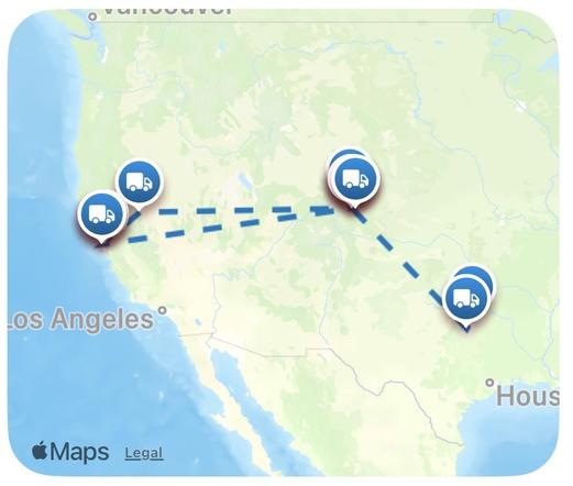 Map showing the grand adventure of my USPS package going from Sherman, Texas, to Denver to San Francisco to Oakland and back to San Francisco then to Reno and back to Denver, then leaving Denver only to return again, and now to the Longmont, Colorado, post office. The map has a lot of pins in Denver. A lot.
