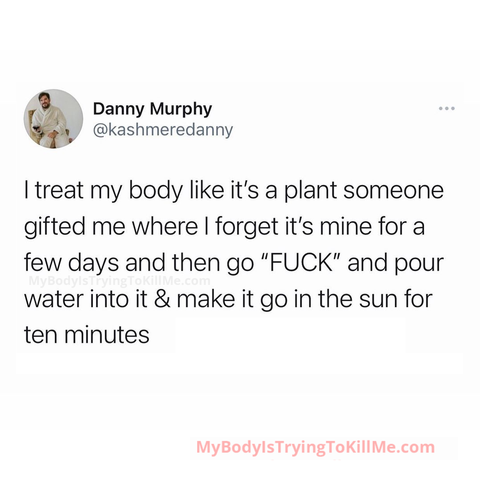 @kashmeredanny
I treat my body like it's a plant someone gifted me where forget it's mine for a few days and then A "FUCK" and pour water into it & make it go in the sun for for ten minutes MyBodylsTryingTokillMe.com