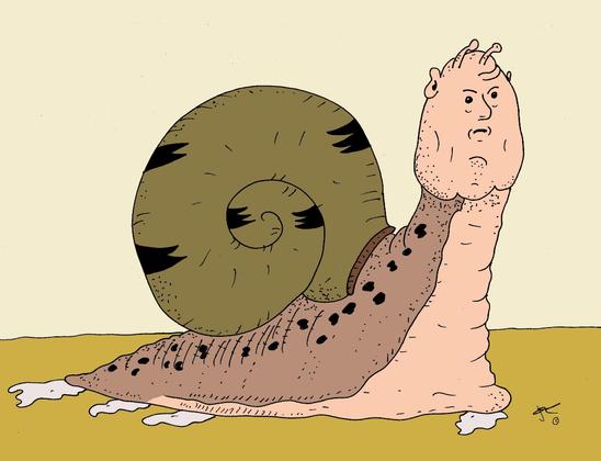 This image is a humorous, cartoon-style drawing of a creature that is part human and part snail. The body resembles a large snail with a brown, spotted, slimy body and a coiled greenish-brown shell on its back. However, instead of a typical snailโs head, the creature has a human-like face and upper neck. The face looks serious or slightly grumpy, with small eyes, a nose, and a closed mouth. Two short snail-like antennae sprout from the top of its head. The creature is crawling along a flat yellowish surface, leaving a trail of white slime behind it. The overall style is simple and exaggerated, blending humor with a bit of the grotesque.