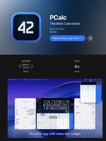 Screenshot of the PCalc app on the web app store. The first app screenshot looks bad, resized to a larger size.