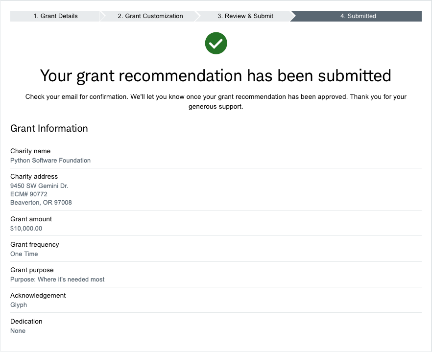 A screenshot of a website saying "Your grant recommendation has been submitted", with the details for a $10,000 grant to the Python Software Foundation below.