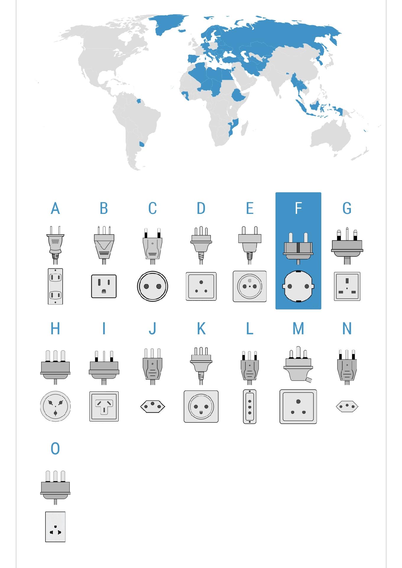 A world map with a pictogram list of different electrical outlets. Selecting one highlights the countries on the map where this outlet is used