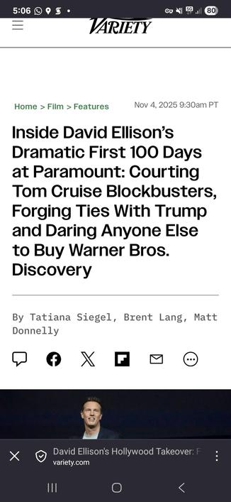 Variety headline saying David Ellison is looking closer tues to the ornage menace