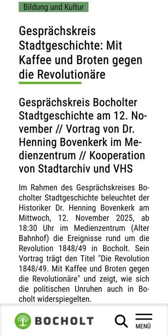 Screenshot der Ankündigung des Bocholter Gesprächskreises zum Vortrag "Mit Kaffee und Broten gegen die Revolutionäre"