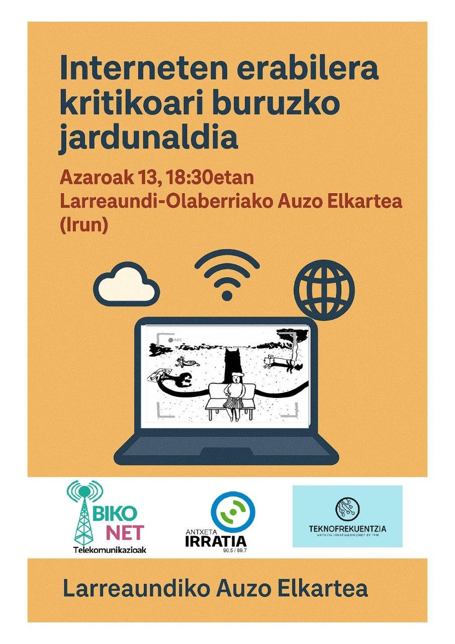 hitzaldiko kartela, larrendiko auzo elkartean 18:30tan azaroak 13an. Ordenagailu bat eta itzal digital bat ikus daitezke