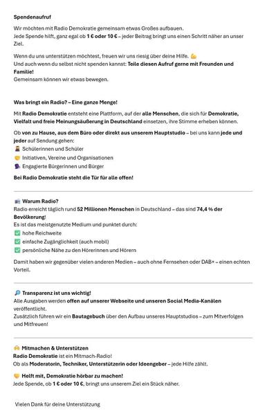 Spendenaufruf Radio Demokratie