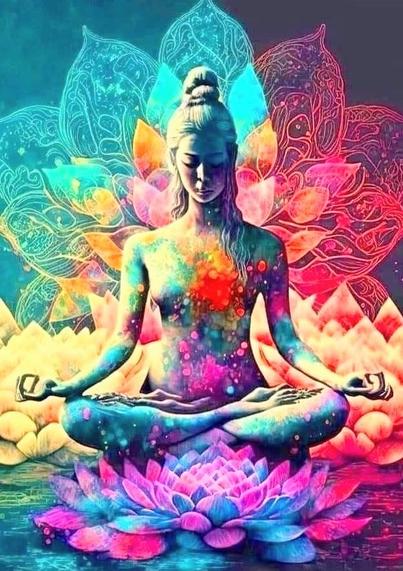 A multi bright colorful painting of a person meditating in prayer 